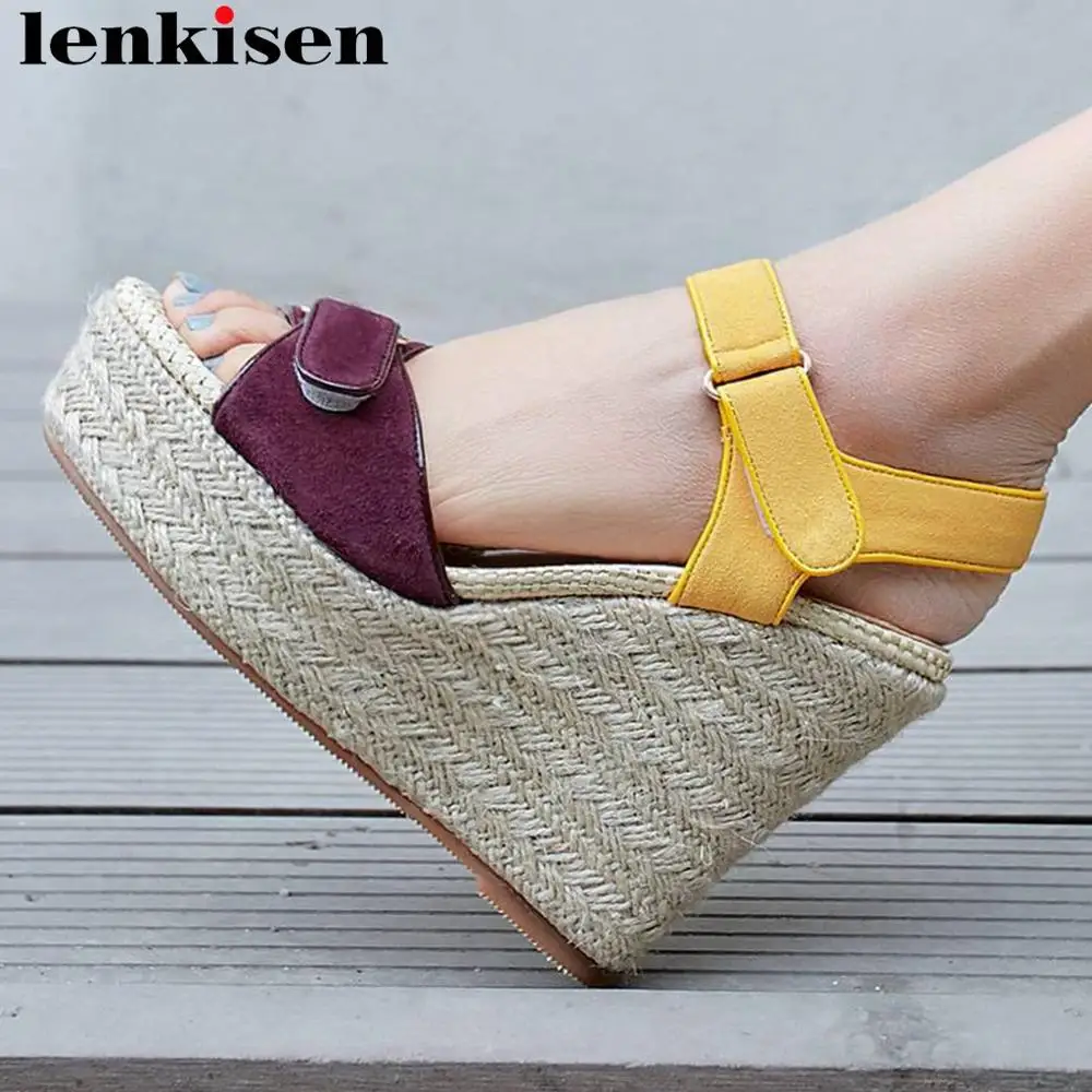 

Lenkisen mixed colors kid suede hook&loop design pretty girls super high heels straw decoration peep toe modern girl sandals L81