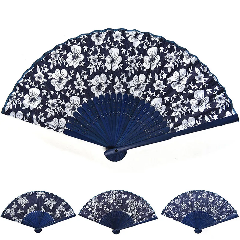 

1 PCS Classical flower design Chinese style blue fabric hand fan with dyed blue bamboo frame Wedding Party Favor