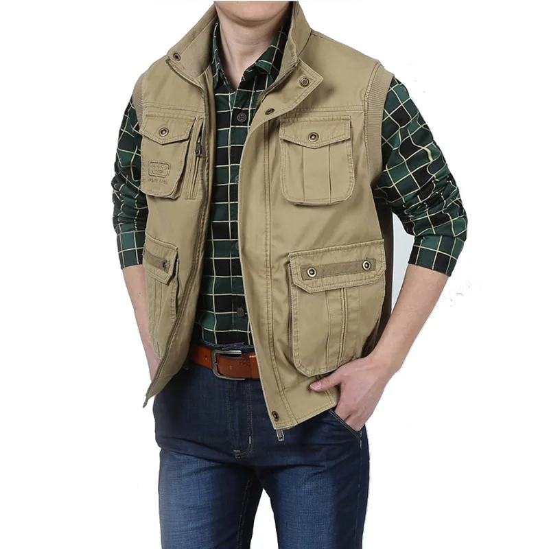 SheXiang Mrs 2016 Men Army Green Khaki Cotton Travel Vest Pockets Stand