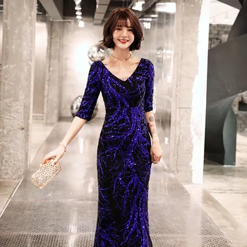 

New V-Neck Bling Mermaid Chinese Sexy Sequins Oriental Party Female Cheongsam Stage Show Qipao Elegant Celebrity Banquet Dresses