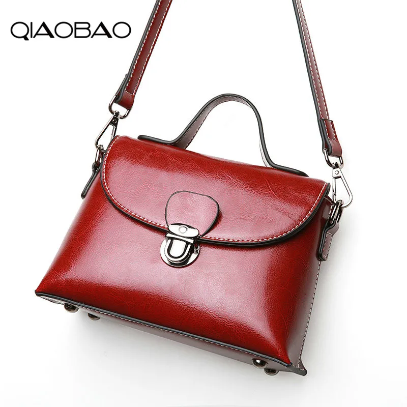 

QIAOBAO 2018 New simple retro Cowhide Leather Bag wild small square package oil wax leather shoulder Messenger bag shaped bag