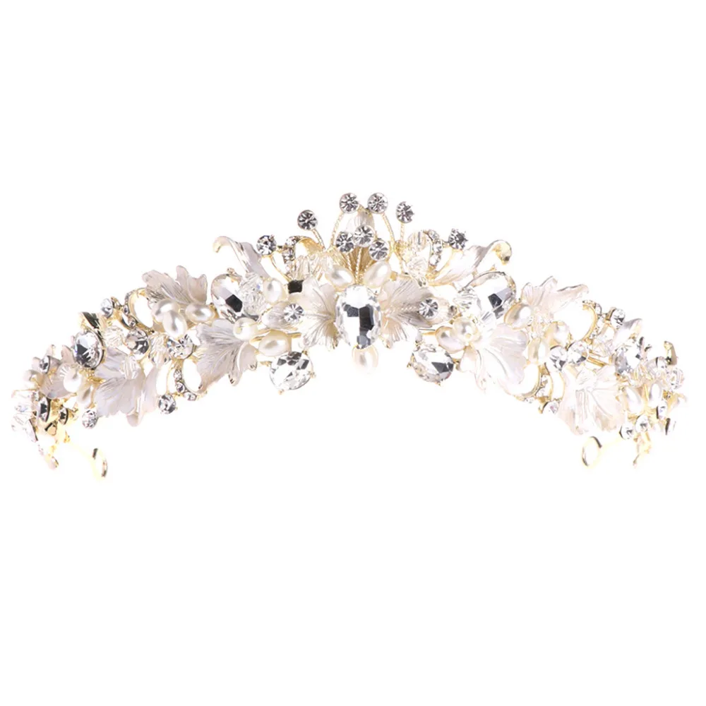 

Bride Crown Crystal Pearl Leaves Wedding Hair Tiara Baroque Style Jewelry Flower