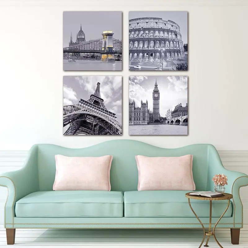 

BANMU 4 Piece No Frame Famous Buildings Roman Colosseum Big Ben Eiffel Tower Oil Painting Wall Artworks Painting Canvas Art