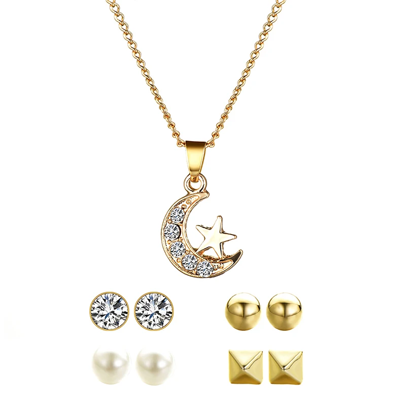 

Star Moon Pendant Zircon Necklace Simple Stud Earrings 5pcs Fashion Bridal Jewelry Sets Wedding Engagement Necklace