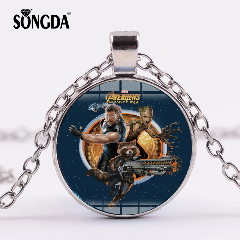 

SONGDA Superhero Avengers Figure Long Necklace Handmade Glass Photo Cabochon Pendant Marvel Tree Man Rocket Collectible Souvenir