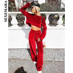 SEXEMARA/красный бархатный повседневный комплект из двух предметов, топ и штаны, осенне-зимняя одежда, велюровые тренировочные костюмы