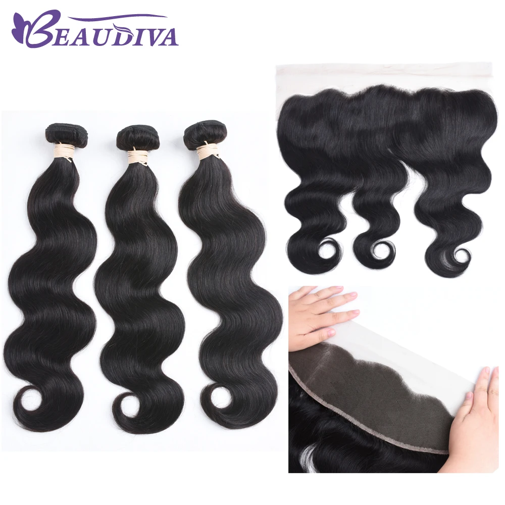 BEAUDIVA Pre-Colored Human Hair Weave Body Wave Bundles With 13*4 Closure 1B Natural Dark Non Remy Hair body-wave