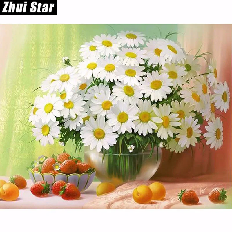 

2017 NEW DIY Diamond Painting Cross Stitch White Daisies Floral Crystal Needlework Full Diamond Embroidery Flower Home Decor