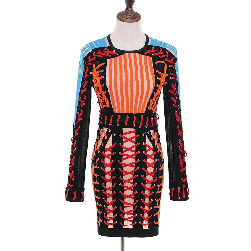 

HIGH QUALITY Newest 2019 BAROCCO Runway Designer Dress Women's Luxurious Hand Work Multi Colors Lacing Rope Bodycon Dress