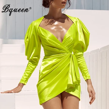 

Bqueen New Women Bright Yellow Casual Dress Sexy Pleated Long Sleeve Ruffles Irregular Hem Mini Dress Fashion Party Dress 2019