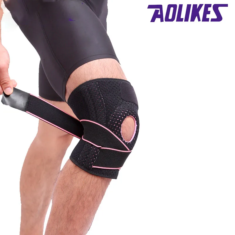 Knee Pad AOLIKES 1PCS Sports Knee Pads Four Springs Support SBR Breathable Brace Knee Protector Kneepad Patellar silicone