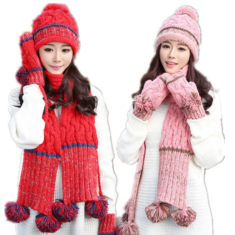 2017 Woman Winter Thicken Hat Scarf Sets Cotton Fashion Women Hat Scarf Gloves Set Girls Warm Skullies Cap Accessories 