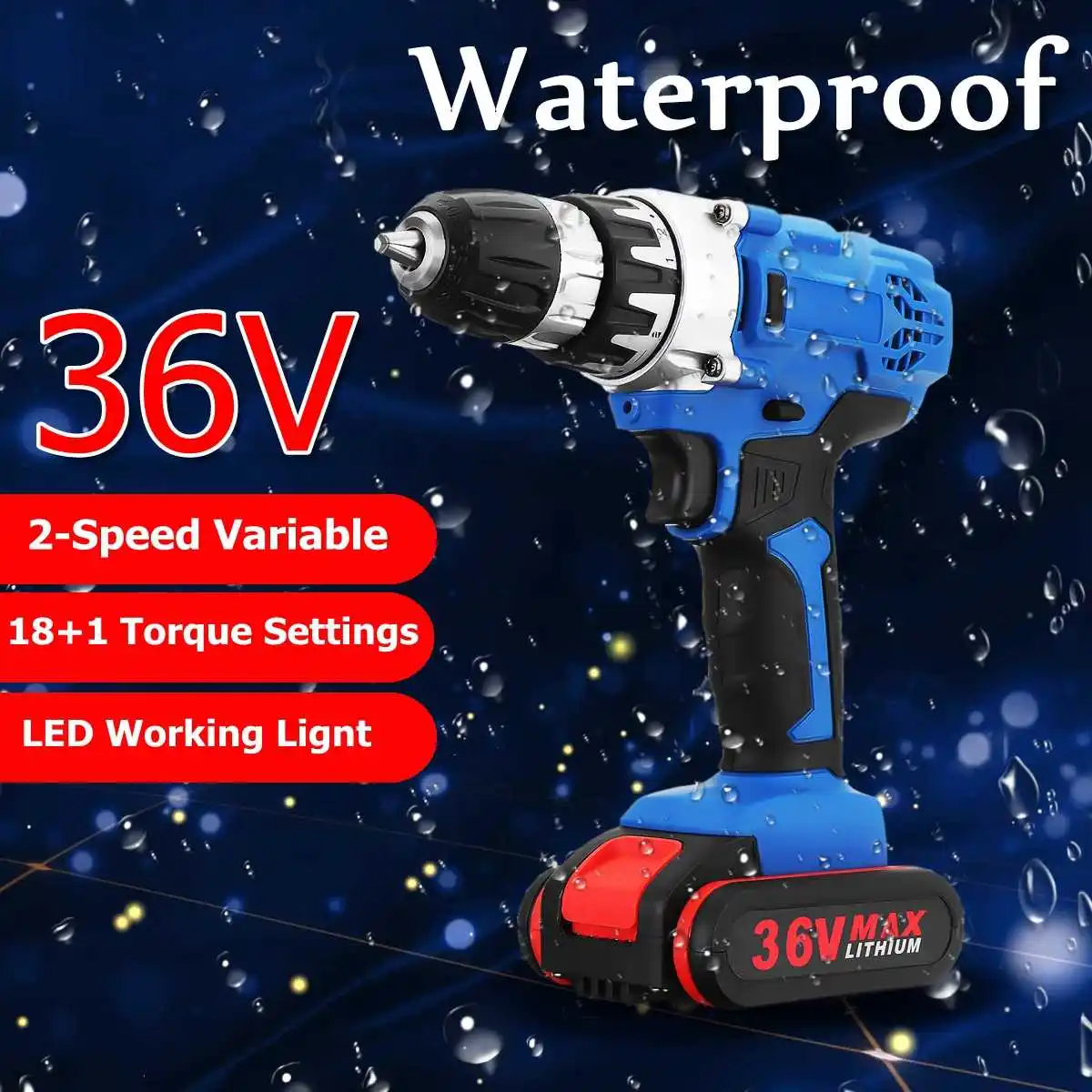 

36V Cordless Electric impact Drill Double-Speed 18+1 stage settings LED lighting screwdriver wrench power tool