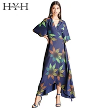 HYH HAOYIHUI New Fashion Chiffon Summer Dress Floral Party Daily Maxi Dress Women Wrap Front V Neck High Waist Irregular Dress
