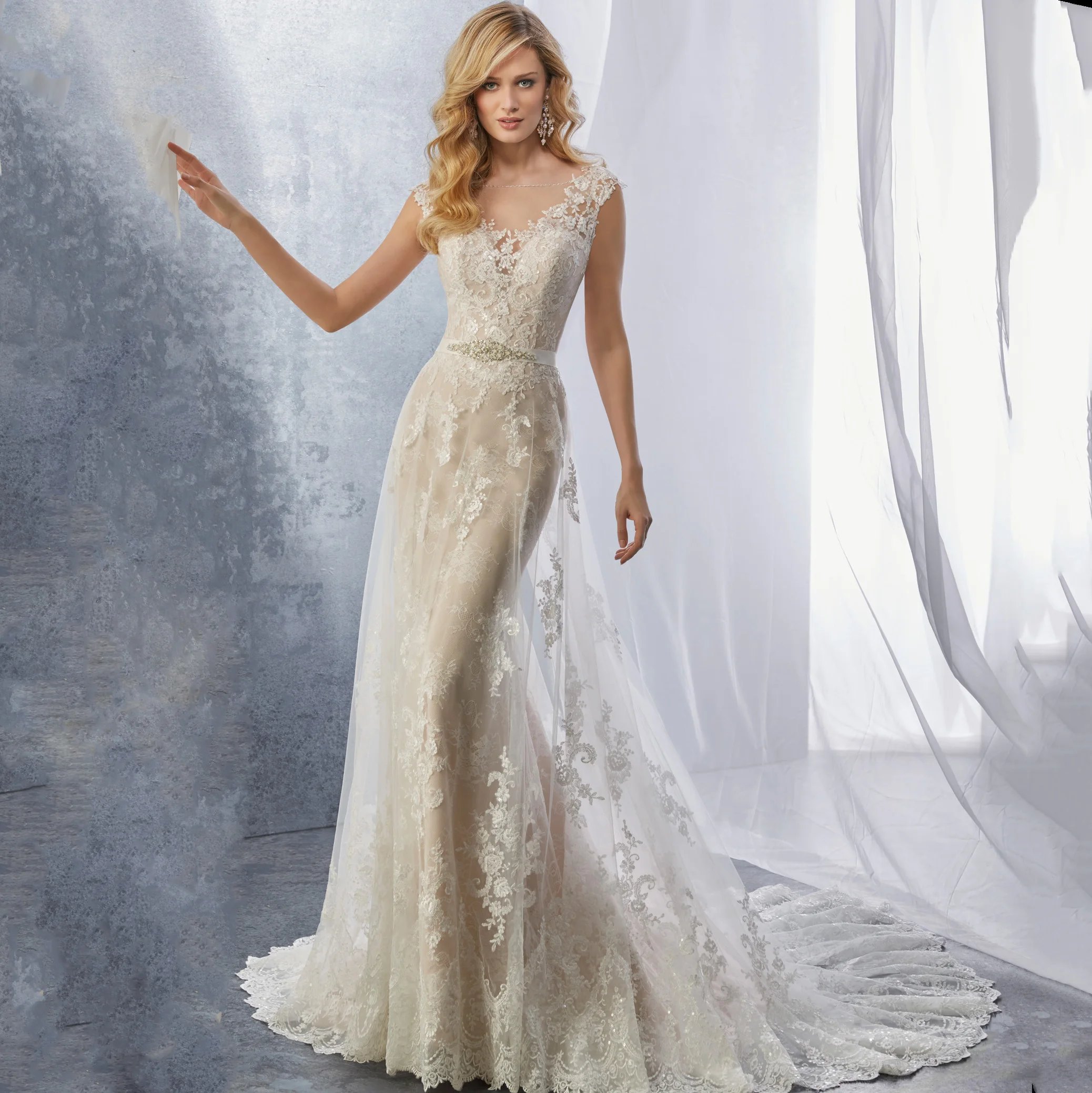 

2019 Sheer Illusion Beige Wedding Dresses Lace Applique Cap Sleeve Beading Waist Bridal Gown Dress with Detachable Beading Sash