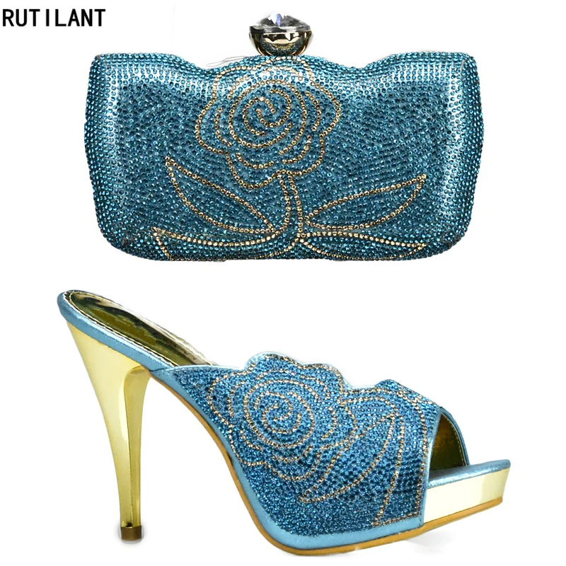 

Sky Blue Ladies Italian Shoe and Bag Set Decorated with Rhinestone Party Shoe and Bag Set African Women Italian Shoe and Bag Set