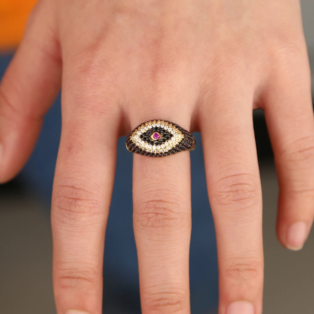 

2019 new arrived micro paved cubic zirconia Black white color cz turkish eye shape Gold ring for women