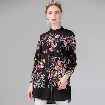 

New Spring Fashion Shirts Women's Runway Designer Long sleeve black Flower Floral Printed Long blouse Tops 3XL Plus size