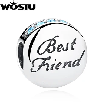 

100% 925 Sterling Silver Best Friend Charm Beads with Blue CZ Fit Original WST Bracelet Bangle Authentic DIY Jewelry Gift