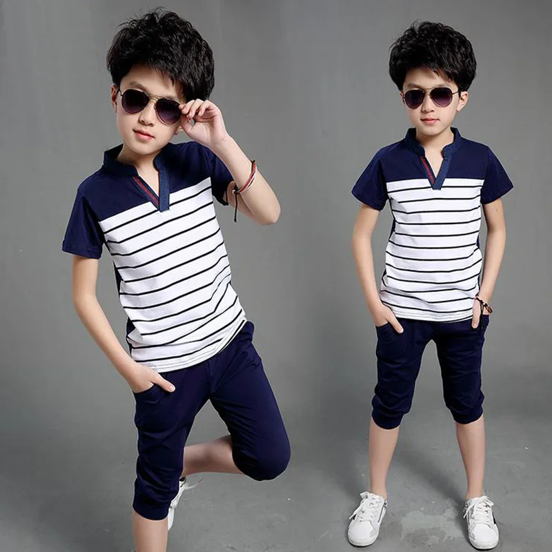 

Summer Clothing Sets For Boys 2019 Cotton Big Boy Shirts Pants 2Pcs Casual Striped Boys Suits Teenager Children
