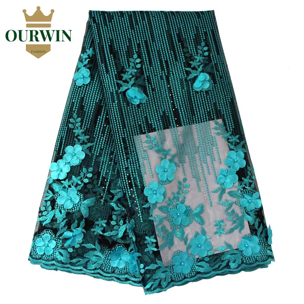 

Latest High Quality African Tulle Lace Fabric 2018 Teal Black Aso Ebi Style Guipure Lace Fabric with 3d Lace Fabric Flowers