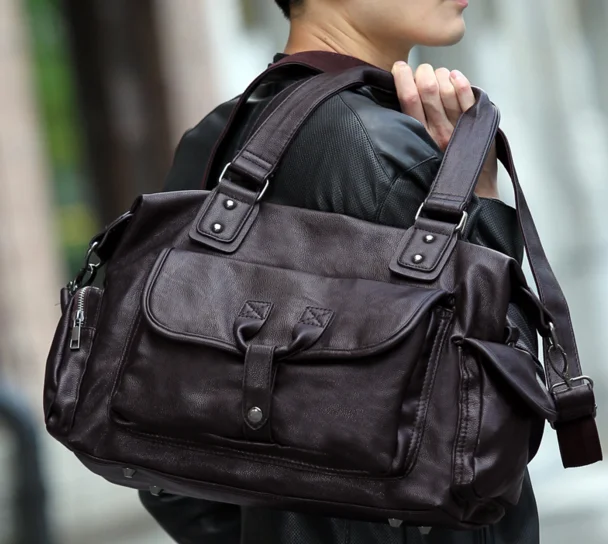 Модные мужские дорожные сумки из натуральной кожи на цепочке, уличные повседневные вместительные сумки на плечо для багажа, сумки для путешествий D414 - Цвет: Coffee