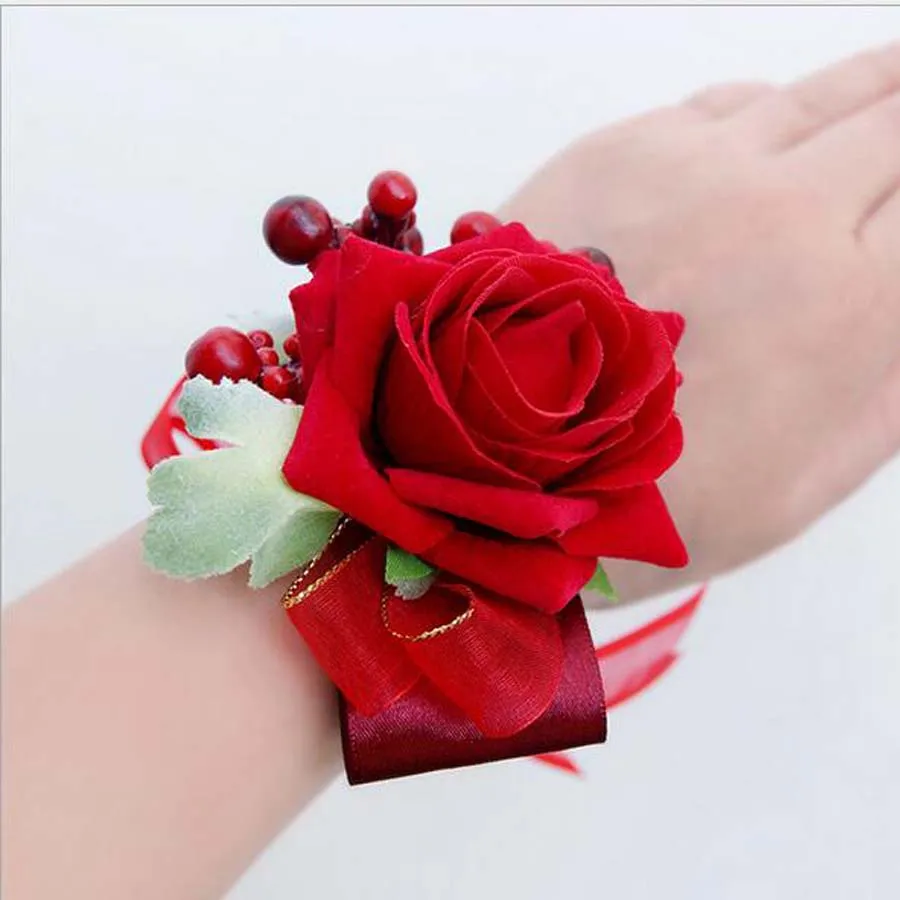 New Creative 5Pcs/Lot Handmade Article Wrist Flowers Groomsman Red Rose