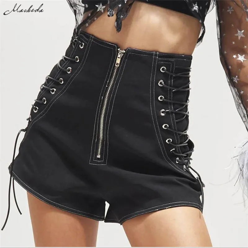 

Macheda Spring Summer Cowboy Shorts Women Black High Waist Side Lace Up Casual Zipper Shorts Slim Fashion 2019 New Arrival