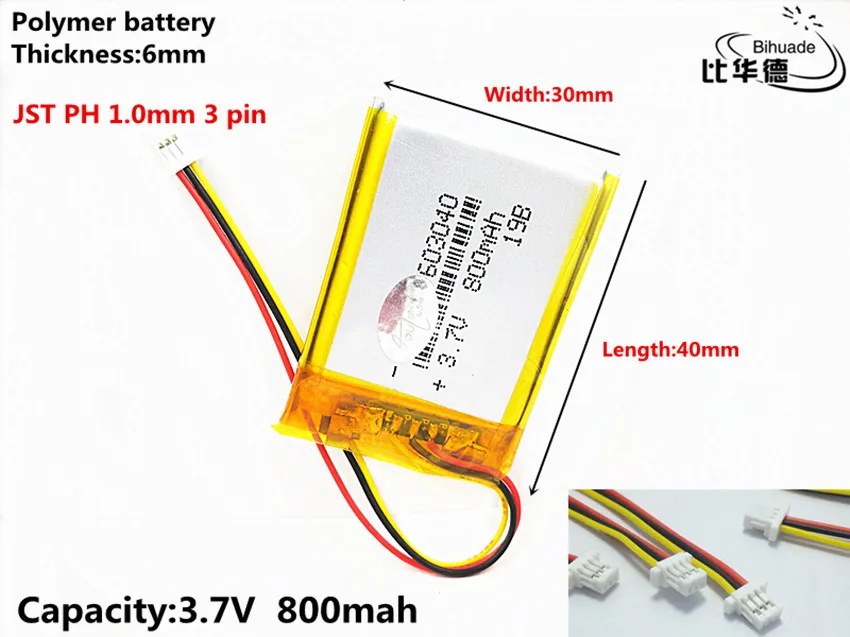 JST PH 1,0 мм 3 штифта литр энергии аккумулятора 3,7 V, 800 мАч 603040 полимерный литий-ионный/литий-ионный аккумулятор для планшетного компьютера банка, gps, mp3, mp4