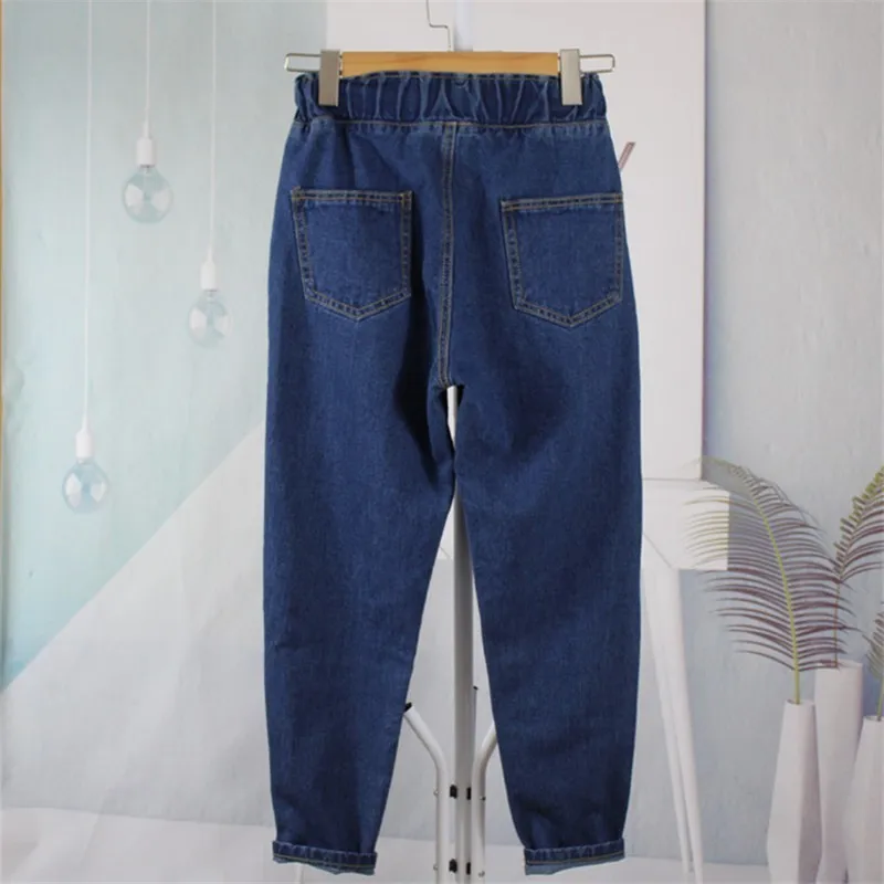 Осенние новые джинсы с высокой талией женские свободные шаровары с эластичной резинкой на талии плюс размер женские шаровары эластичные