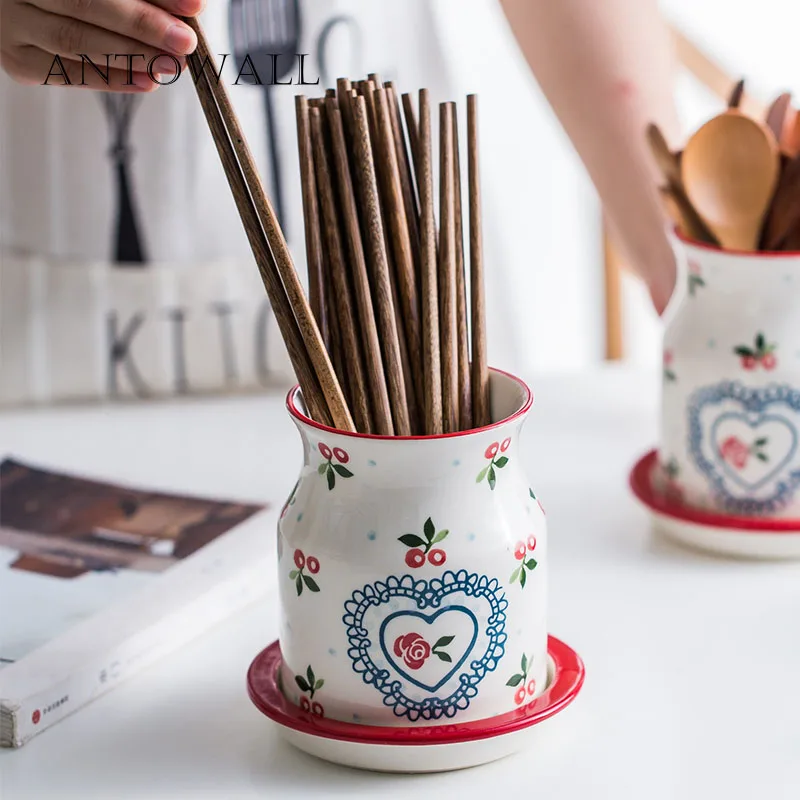 

ANTOWALL European ceramic cherry chopsticks tube drain household kitchen rack chopsticks cage spoon storage tank