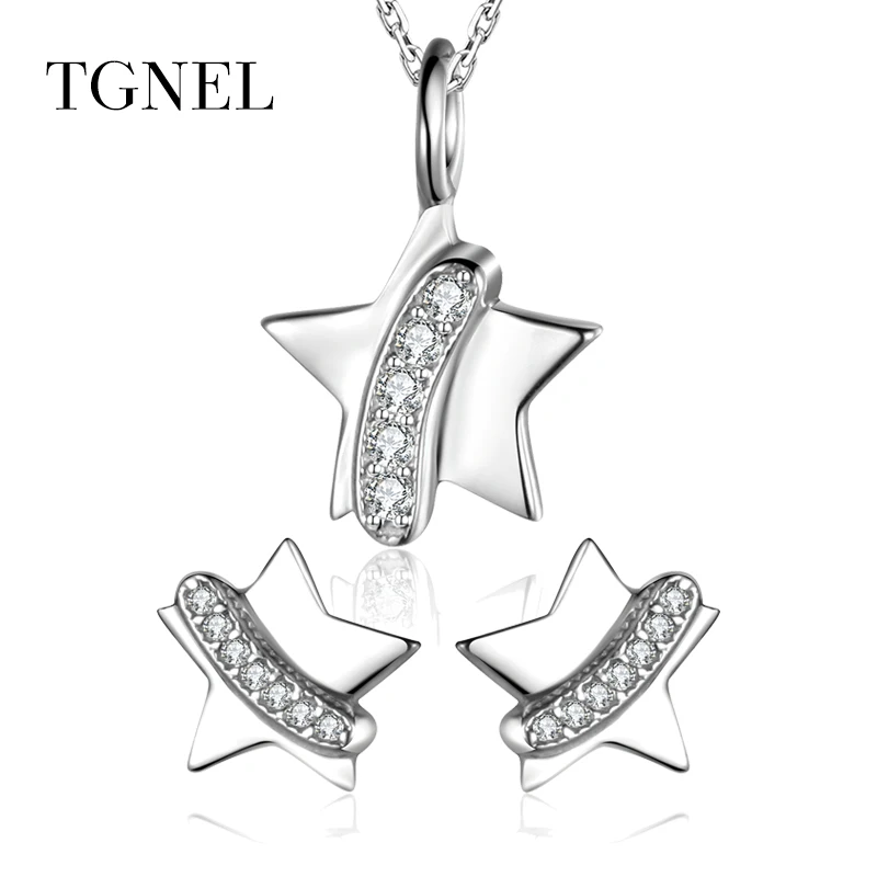 

TGNEL S925 Sterling Silver Jewelry Set Pendants Necklace Cute Five Star Stud Earrings CZ Stone Silverfor Women Girl Engagement