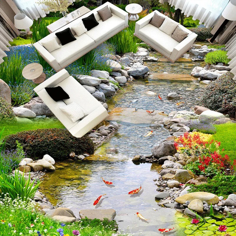 Customize 3D Photo Floor Wallpaper Countryside Brook With Flowers And Plants Floor Murals PVC Wear Non-slip Waterproof Material brook оттоманка