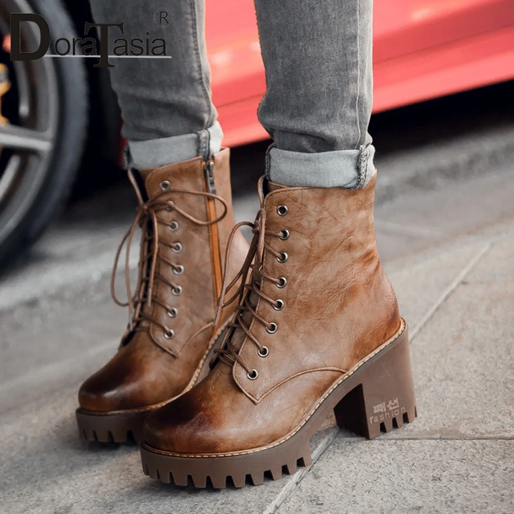 

DORATASIA New Retro Old Style Motorcycle Boots Woman Platform High Heels Lace Up Ankle Boots Woman Shoes Woman Large Size 32-43