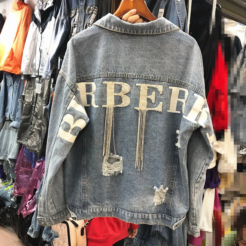 

2019 Spring Letter Diamond Chain Loose Cowboy Coat Girls Lady Holes Denim Jacket Womens Jean Jackets Outwear Students Streetwear