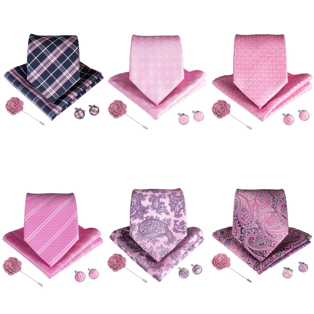 

DiBanGu Hot Sale Pink Tie Hanky Cufflinks Brooch Set Neck Ties For Men Wedding Party Formal Silk Necktie Men's Tie Set