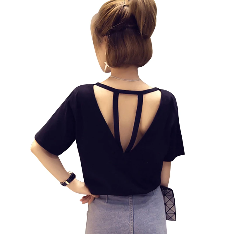 

2019 Summer Sexy Women Short Sleeve Bandage Backless Hollow Out Casual Tops Plus Size Solid Color Loose T-Shirt Female Tee Shirt