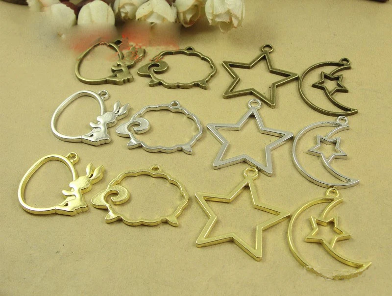 

10pcs animals Star shape UV Resin Charm magic bar Metal Frame Pendant Gold Charm Bezel Setting Cabochon Settings DIY Jewerly