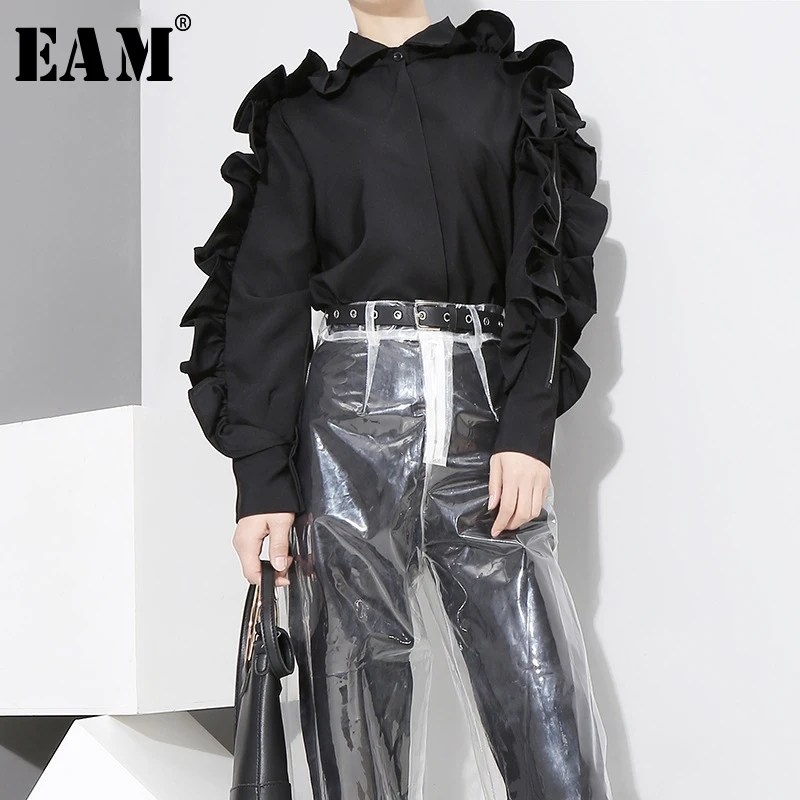 

[EAM] 2019 AutumnFashion New Pattern Korean Solid Color Ruffles Side Long Sleeve Zipper Black White Shirt Tide Tops Woman YA848