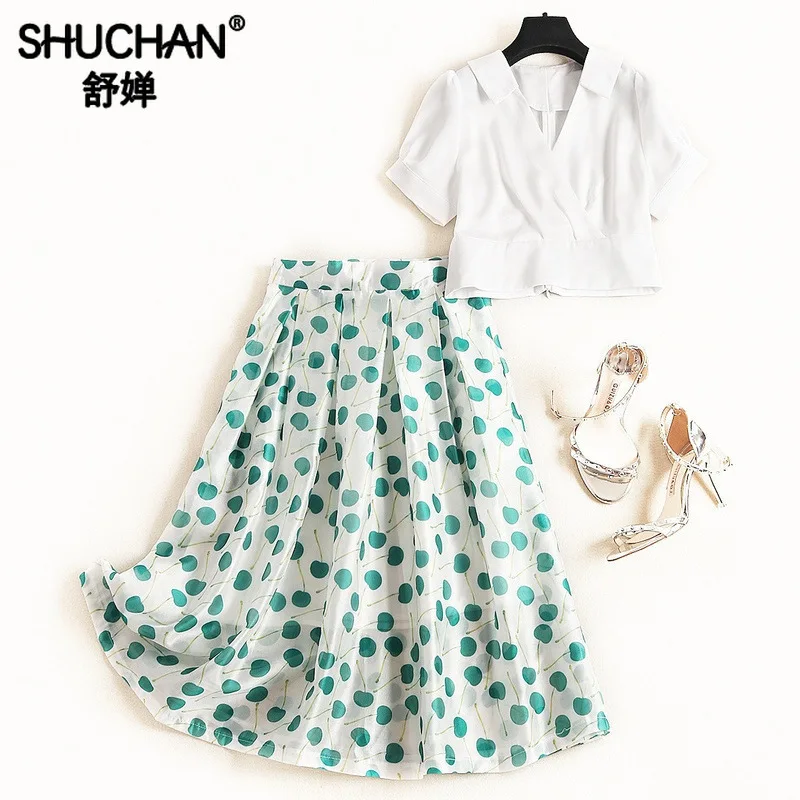 

Prairie Chic Summer Women's Suit with A Skirt V-Neck Crop Top+print Skirts To Mid-Calf Matching Sets for Women Suit 2019 12185