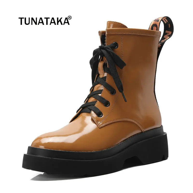 

Women High Quality Lace Up Comfort Low Heel Martin Boots Fashion Cross Tied Round Toe Fall Winter Ankle Boots Black Yellow