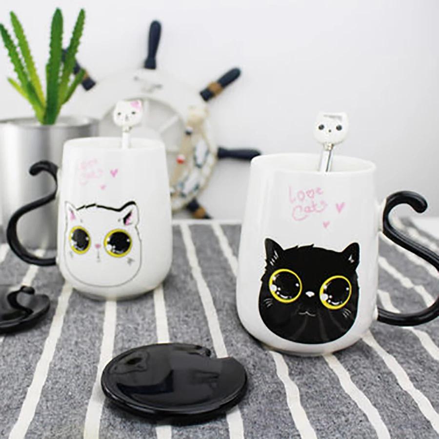 Керамика s милый кот Чай Кофе чашка деревянной ложкой крышка чашки Tazas де a Creativas