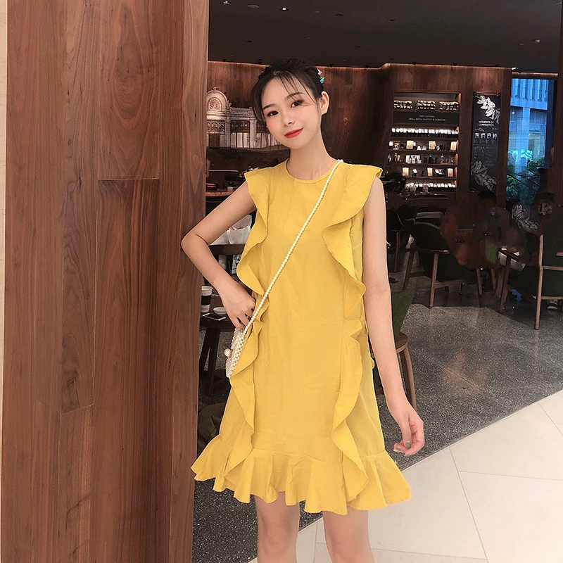 

New Fashion Korean Style Retro Ruffle Women's Dress 3 Color Sweet Flying Sleeve Dress LYQ009