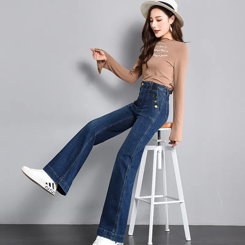 Прямые пуговицы Свободные Высокая талия Slim Fit Брюки, Джинсы с яркой отделкой корейской моды длинные брюки одежда высшего качества джинсовые штаны