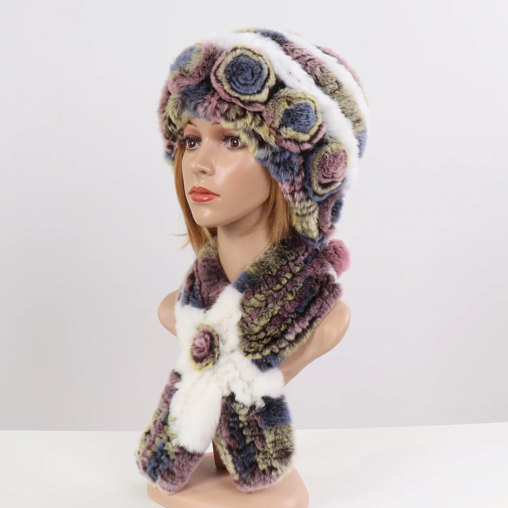 Горячая Распродажа зимние вязаные натуральный мех шапки шарфы женские Теплый Настоящий мех кролика шапка шарф натуральный мех шапка шарф наборы