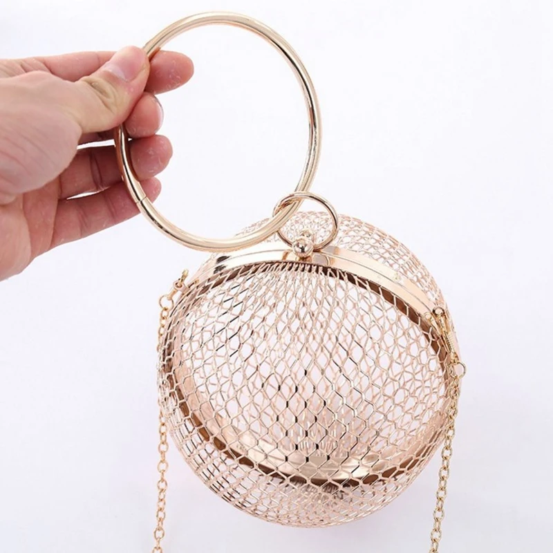 

Women Shoulder Bag hollow Gold Cages Round Clutch Evening Bags Ladies Wedding Party CrossBody Purse Handbag
