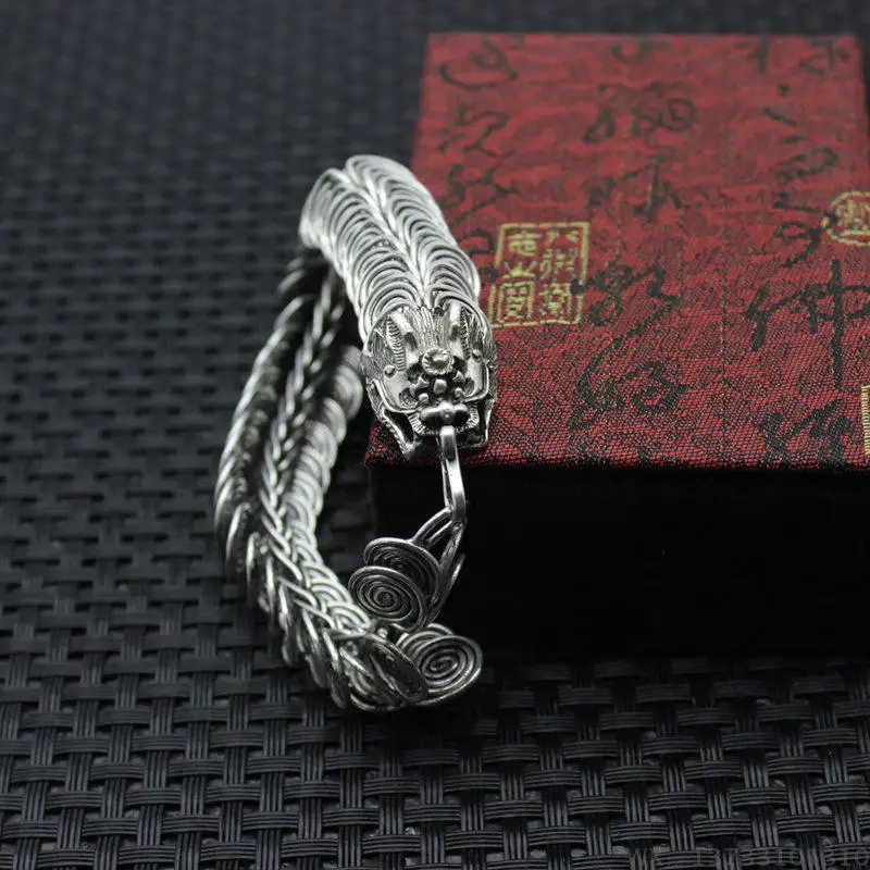 

Chinese Tibet silver carved dragon Head Men bracelet A pair