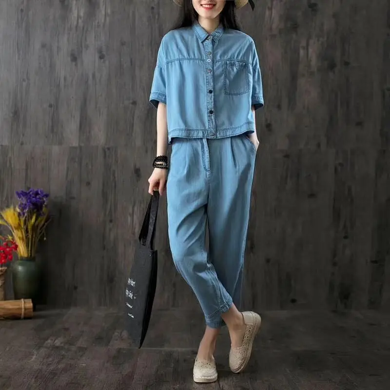 Summer Suits Women Retro Slim type Denim Suits Turn down Collar Short