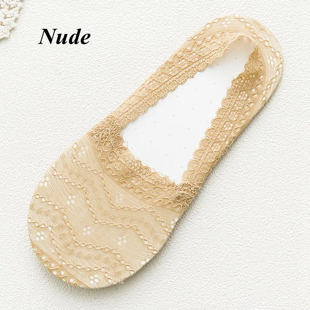 Низкая невидимая Лодыжка прозрачные открытые носки весенне-Летние Стильные женские кружевные короткие носки-лодочки с цветочным принтом Нескользящие тапочки - Цвет: nude