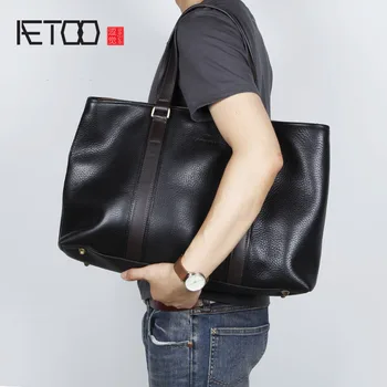 

AETOO Men's shoulder bag leather Large handbag casual Head layer cowhide file pack